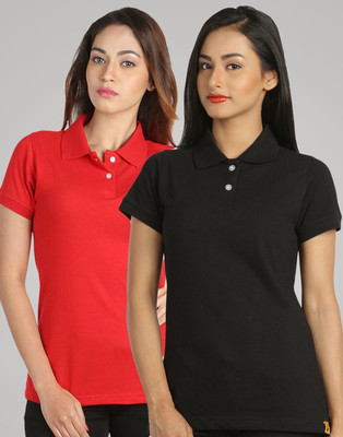 

Campus Sutra Solid Women's Polo Neck Red, Black T-Shirt(Pack of 2)