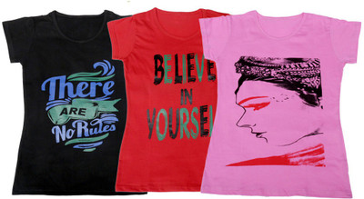 

IndiWeaves Girls Printed, Solid T Shirt(Multicolor, Black & red & pink
