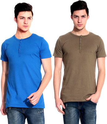 

Lemon & Vodka Solid Men' Henley Blue, Brown T-Shirt(Pack of 2