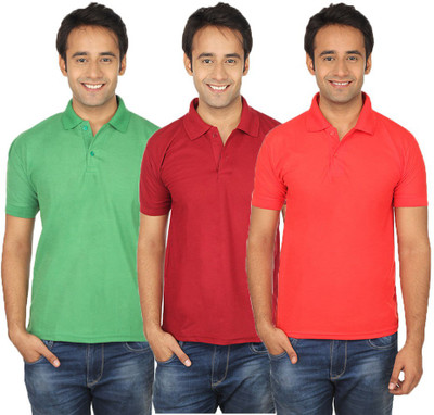 

Quetzal Solid Men's Polo Neck Multicolor T-Shirt(Pack of 3, Light green;maroon;red