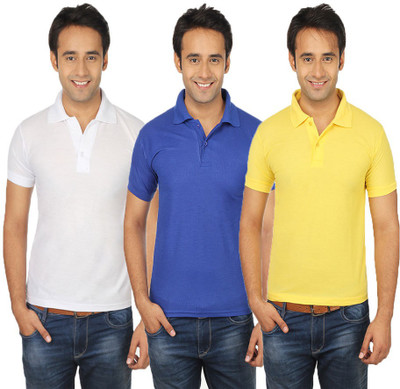 

Quetzal Solid Men's Polo Neck Multicolor T-Shirt(Pack of 3, Blue;white;yellow