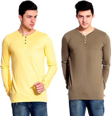 

Lemon & Vodka Solid Men's Henley Yellow, Brown T-Shirt(Pack of 2