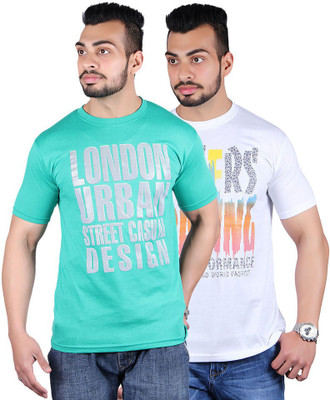 Shineway Graphic Print Men's Round Neck Multicolor T-Shirt(Pack of 2, Green;white