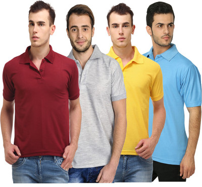 Lime Solid Men's Polo Neck Maroon, Grey, Yellow, Light Blue T-Shirt(Pack of 4