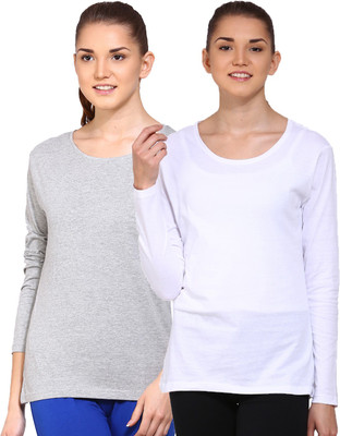 

Ap'pulse Solid Women's Round Neck Grey, White T-Shirt(Pack of 2), _gmel_wite