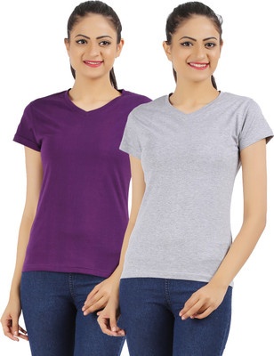 

Ap'pulse Solid Women's V-neck Grey, Purple T-Shirt(Pack of 2), Grey;purple1