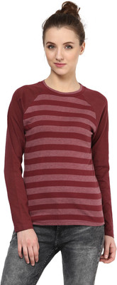 

Hypernation Striped Women's Round Neck Maroon T-Shirt