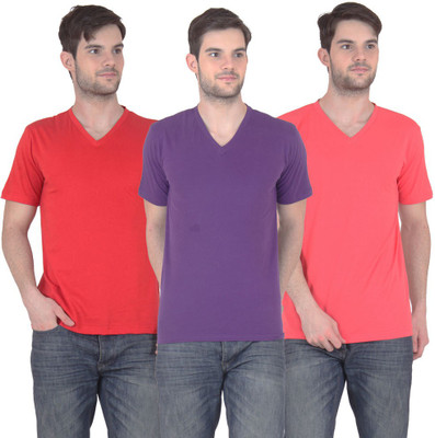 

FnMe Solid Men' V-neck Multicolor T-Shirt(Pack of 3, Carrot;purple;red
