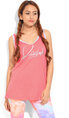 

REEBOK Solid Women's Round Neck Pink, Grey T-Shirt, Vipkme