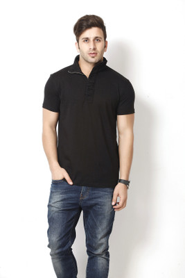 Gritstones Solid Men Polo Neck Black T-Shirt