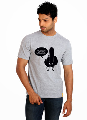 Campus Sutra Printed Men Round Neck Grey T-Shirt