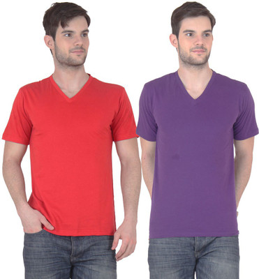 FnMe Solid Men' V-neck Multicolor T-Shirt(Pack of 2, Purple;red