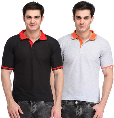 

Lime Solid Men's Polo Neck Black, Grey T-Shirt(Pack of 2