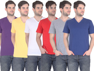 

E'Hiose Solid Men's V-neck Multicolor T-Shirt(Pack of 6, Blue;grey;purple;red;white;yellow