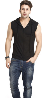 Gritstones Solid Men Hooded Black T-Shirt
