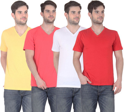 

FnMe Solid Men' V-neck Multicolor T-Shirt(Pack of 4, Carrot;red;white;yellow