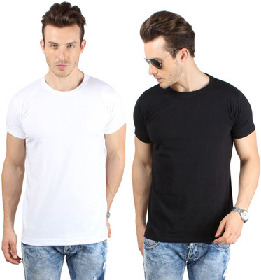 

SayItLoud Solid Men's Round Neck White, Black T-Shirt(Pack of 2, Black;white