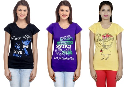 Indistar Printed Women Round Neck Purple, Black, Yellow T-Shirt