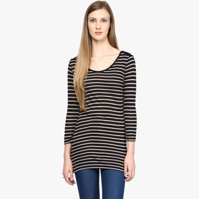 

Annabelle by Pantaloons Striped Women' Round Neck Beige T-Shirt