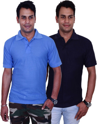 Blaze Solid Men's Polo Neck Blue, Dark Blue T-Shirt(Pack of 2