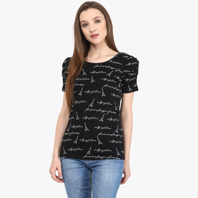 

Honey By Pantaloons Printed Women's Round Neck Black T-Shirt