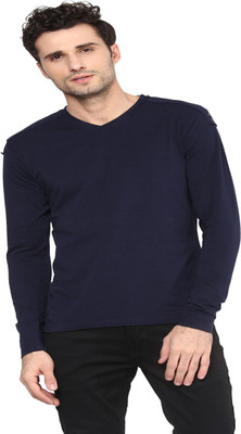 PUNK Solid Men V-neck Blue T-Shirt