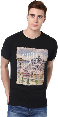 

Fritzberg Printed Men's Round Neck Black T-Shirt, Ebony black