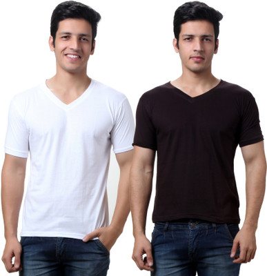 

TeeMoods Solid Men's V-neck White, Brown T-Shirt(Pack of 2), Brown;white