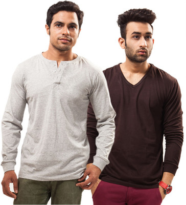 

Unisopent Designs Solid Men's Henley Grey, Brown T-Shirt(Pack of 2)