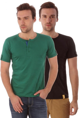 

Campus Sutra Solid Men Henley Black, Green T-Shirt(Pack of 2)