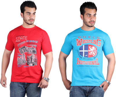 

Shineway Printed Men's Round Neck Multicolor T-Shirt(Pack of 2