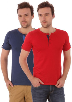 

Campus Sutra Solid Men Henley Blue, Red T-Shirt(Pack of 2)