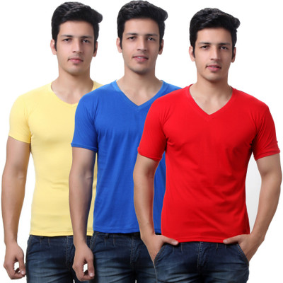 

TeeMoods Solid Men's V-neck Red, Blue, Yellow T-Shirt(Pack of 3), Blue;red;yellow
