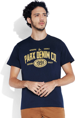 

Parx Printed Men's Round Neck Blue T-Shirt, Dark blue