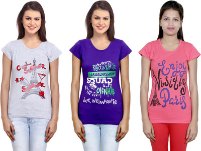 Indistar Printed Women Round Neck Purple, Pink, Grey T-Shirt