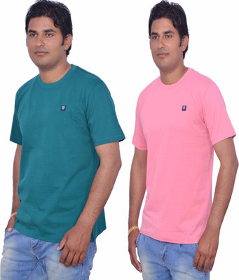 

Leaf Solid Men's Round Neck Green, Pink T-Shirt(Pack of 2)
