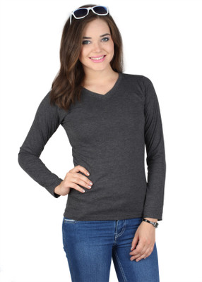 

SayItLoud Solid Women' V-neck Grey T-Shirt, Black melange