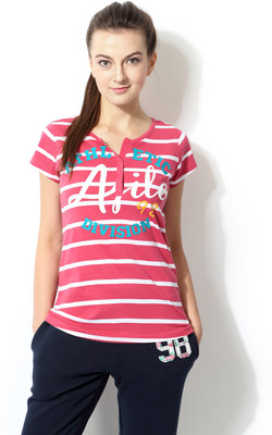 

Ajile by Pantaloons Striped Women' Round Neck Orange T-Shirt, Coral