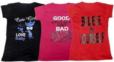 

IndiWeaves Girls Printed T Shirt(Multicolor, Black & pink & red