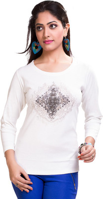 

TVENO Self Design Women's Round Neck White T-Shirt, Cream