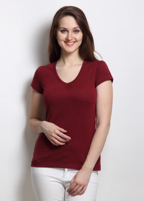 

Rigo Solid Women's V-neck Maroon T-Shirt