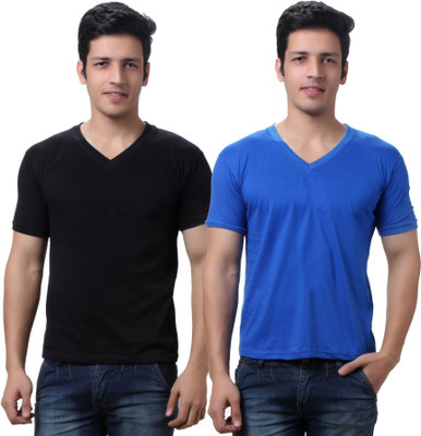 

TeeMoods Solid Men's V-neck Black, Blue T-Shirt(Pack of 2)