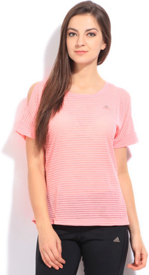 

ADIDAS Striped Women's Round Neck Pink T-Shirt, Suppop