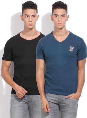 

Fort Collins Solid Men's V-neck Black, Blue T-Shirt(Pack of 2, Black/a.force