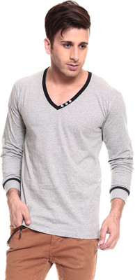 Izinc Solid Men' V-neck Grey T-Shirt
