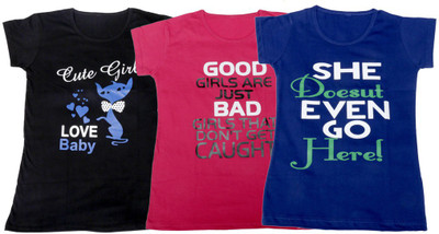 

IndiWeaves Girls Printed, Solid T Shirt(Multicolor, Black & pink & blue