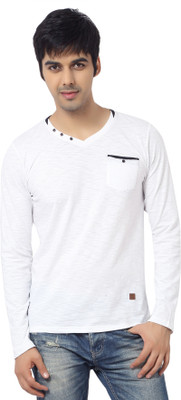 

La Seven Solid Men's V-neck White T-Shirt
