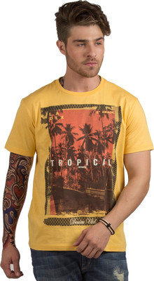 

HotTribes Printed Men's Round Neck Yellow T-Shirt
