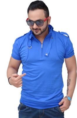 

Black Collection Solid Men's Flap Collar Neck Blue T-Shirt
