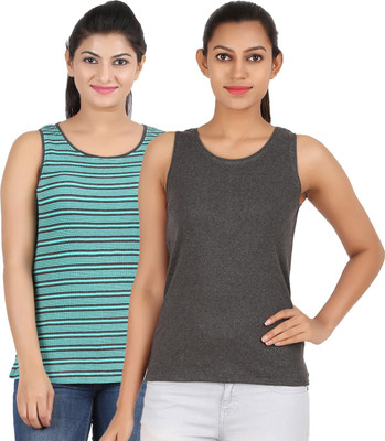 Hoodz Striped Women's Round Neck Multicolor T-Shirt(Pack of 2, Green-black
